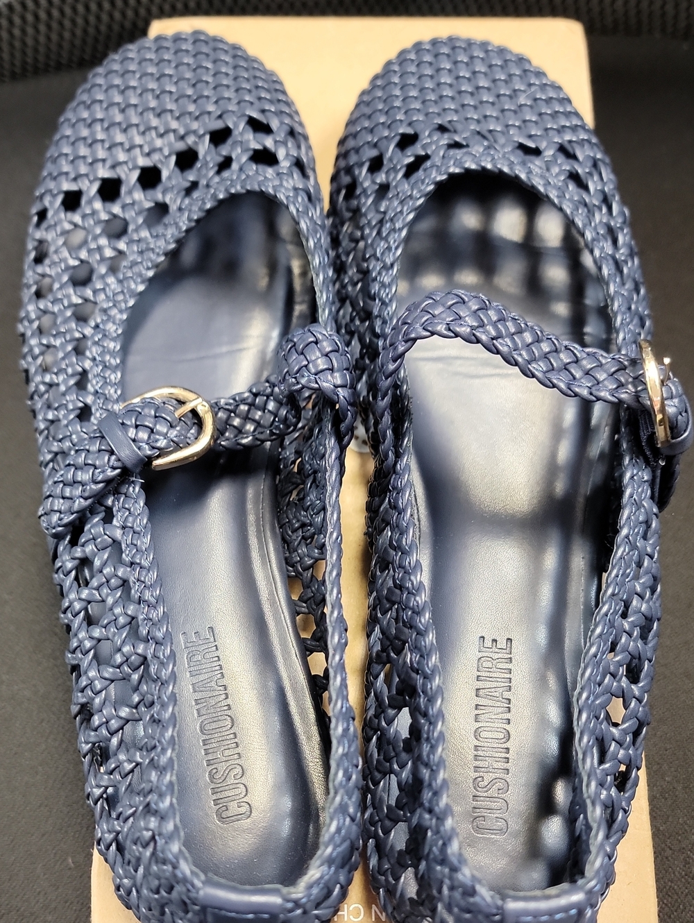 Cushionaire Navy Braided Mary Jane Flats with Buckle Strap